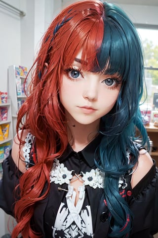 1girl, half colors, red hair, blue hair, 