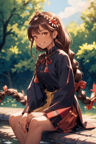 Masterpiece, best quality,ultra detailed, 1girl, sitting, solo, smile, jewelry, looking at viewer, red nails, long hair, earrings, hair ornament, brown hair, teeth, tree, skirt, long sleeves, flower, blurry background, dress, shiny, braid, ribbon,More Exposure,drk skin,dark_skin_female