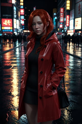 8k photo portrait of a redhead woman in a red raincoat, at a bustling crosswalk in shibuya at night, highly detailed, vibrant, production cinematic, reflections on wet street, 8k, film grain