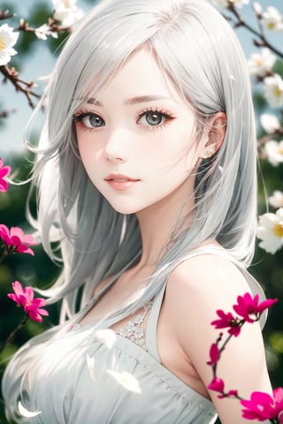 (front lighting:1.5),(masterpiece, high resolution, realistic portrait:1.3), an anime woman with an ethereal presence, portraying a serene sisterly figure, (long silver-white hair:1.2), cascading down her back, (light pink lips:1.1), gentle and calm, bangs elegantly framing her face, (gray pupils:1.4), radiating a sense of wisdom, standing in a cold wind, (realistic portrayal:1.1), delicate petals dancing in the air, (flower background:1.2), adding a touch of beauty and fragility, (calm and rational expression:1.1), portraying her composed nature, (delicate and serene face:1.2), capturing her tranquility, mid-shot focusing on her delicate features, (subtle wind-blown strands of hair:1.1), (background music:1.2), evoking a sense of calmness and introspective, light