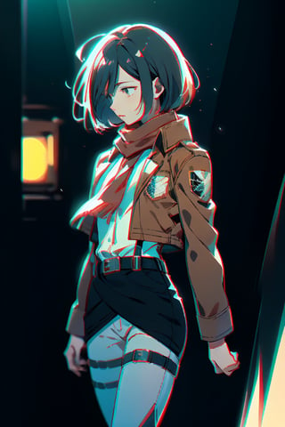 ,`detailed cg, anime picture, shiny hair and skin, chromatic aberration, transparent background, depth of field, colorful ,cinematic light, soft lighting, glowing skin, lighting`,hmmikasa, short hair, black eyes, scarf, emblem, belt, thigh strap, red scarf, white pants, brown jacket, long sleeves