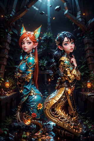 a ginger Huntress detailed, symmetric, luminism, dark shot, a dark night magical forest atmosphere, octane render, a fairy dust, a bioluminescence, a purity, detailed face, night, maximalism, rococo, global illumination, luminism, detailed, intricate, fractal details, hyperdetailed, a cloths soaked in a brightly shining led fairy dust, warm colors, intricate details, volumetric, glaring eyes, ultra closeup,fantchar,mecha musume