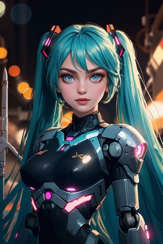 cgmech, beautiful eyes, upper body, underboob,  portrait, robot, armor, Hatsune Miku, neon light, 8K, RAW, best quality, masterpiece, ultra high res, colorful, (medium wide shot), (dynamic perspective), sharp focus , (depth of field, bokeh:1.3), extremely detailed eyes and face, beautiful detailed eyes,large breasts,(black gold, trimmed gear:1.2),(In a futuristic weapons factory:1.2), ((masterpiece, best quality)),  Detailed background, spaceship interior  