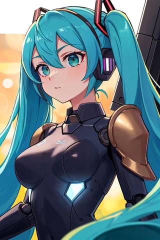 cgmech, beautiful eyes, upper body, underboob,  portrait, robot, armor, Hatsune Miku, neon light, 8K, RAW, best quality, masterpiece, ultra high res, colorful, (medium wide shot), (dynamic perspective), sharp focus , (depth of field, bokeh:1.3), extremely detailed eyes and face, beautiful detailed eyes,large breasts,(black gold, trimmed gear:1.2),(In a futuristic weapons factory:1.2), ((masterpiece, best quality)),  Detailed background, spaceship interior  