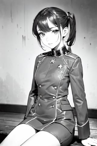 (super detailed), (beautiful background, detailed background),1girl, (Pigtails Hair) ,small breasts, monochrome, greyscale, female focus, (military general uniform), sitting, war,manly,holding , light ,WW,Uniform