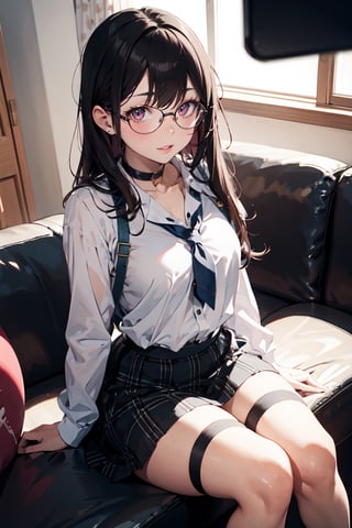 (super detailed), (beautiful background, detailed background),1girl, solo, glasses, skirt, long hair, looking at viewer, plaid skirt, plaid, sitting, parted lips, selfie, choker, lips, pink skirt, breasts, brown hair, thigh strap, couch, reaching towards viewer