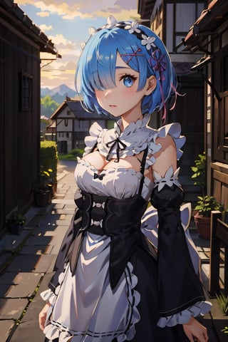 anime, hdr, soft light, ((best quality)), ((masterpiece)), (detailed),  rem_\(re_zero\), hair over one eye, x hair ornament, (akatsuki outfit:1.1), looking at viewer, upper body, village, sunset, nature,aarem, short hair, maid headdress, x hair ornament, hair ribbon, single horn, glowing horns, hair over one eye, large breasts, frills, neck ribbon, cleavage, dress, detached sleeves, white apron, waist apron, white pantyhose
