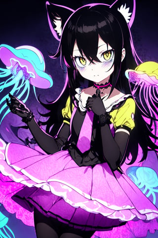 sleeves, kiss, black gloves, lace, dress, transparent, holding mask, holding, shining, transparent sleeves, (neon pink jellyfish background), fox mask, choker,hair over in one eye,tomoko, hair over one eye, bags under eyes,black hair, school uniform, black pantyhose, red necktie, yellow skirt, pleated skirt,yellow jacket