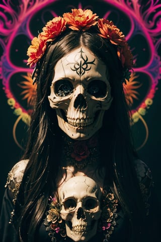 A close-up of a skull with a flower on its head, fantasy skull, detailed color scary art, 4K color scary art, sacred skull, Conjuring a psychedelic background, detailed digital illustrations, skull, sacred skull, psychedelic illustration, sugar skull, skull face, death skull, color scary art, liminal skull void background, psychedelic art style