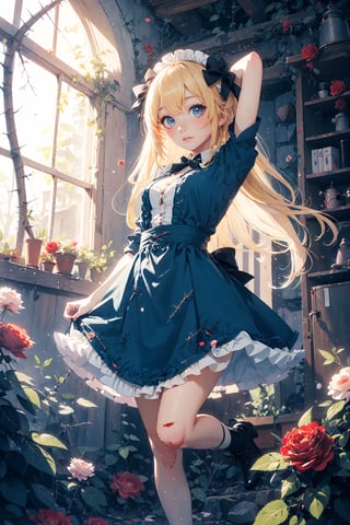 (masterpiece, best quality, highres:1.3), ultra resolution image, (1girl), (solo), light yellow hair, light blue eyes, AliceWonderland, blue bow on her head, black bows in her hair, blue maid's dress with black bows, blue shoes, very_long_hair, In the background a forest, strangled, tied and rolled with thorns of red roses, with painful and bleeding arms and legs, looking down, with a lost gaze, clothes torn by the thorns, clothes with blood from the wounds, stop, with her arms raised, torn dress, hurt, wounded, stopped, tangled with thorns of roses,dream like