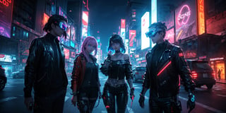 In a neon-lit, perfect body composition, futuristic cityscape, a cyber-enhanced individual, Their glowing tattoos and neon hair stand out in the vibrant, technologically advanced world. The intricately detailed cyber-eyes peer into the augmented reality interface, while the holographic display showcases their cybernetic implants. Dressed in a leather jacket, off-shoulder, adorned with high-tech accessories, they exude a sense of style and power. Reflective surfaces capture the neon reflections, and dramatic lighting enhances the sci-fi aesthetic. Their appearance is a masterpiece of futuristic fashion and cybernetic enhancements.,fate/stay background,perfect light