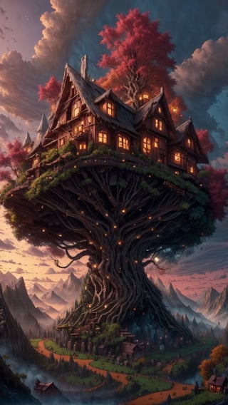 valley, fairytale treehouse village covered, , matte painting, highly detailed, dynamic lighting, cinematic, realism, realistic, photo real, sunset, detailed, high contrast, denoised, centered, michael whelan,fantasy00d