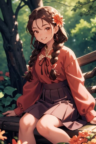 Masterpiece, best quality,ultra detailed, 1girl, sitting, solo, smile, jewelry, looking at viewer, red nails, long hair, earrings, hair ornament, brown hair, teeth, tree, skirt, long sleeves, flower, blurry background, dress, shiny, braid, ribbon,