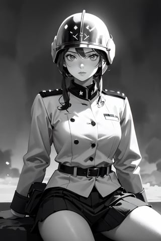 (super detailed), (beautiful background, detailed background),1girl, breasts, monochrome, greyscale, soldier, uniform, helmet, military, female focus, military uniform, sitting, war,manly,holding , light 