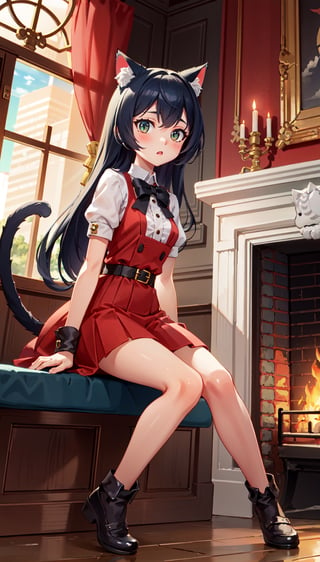 cat girl, sitting on a fireplace, skyscrapers around her,(full shot:1.5)