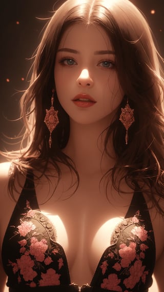 In a majestic, dark atmosphere, an exotic, voluptuous princess is depicted amidst intricate, elegant ceramic tile art featuring beautiful flowers. The smooth, sharp focus showcases the subject's refined features as she poses in front of a stunning, 8K ultra-detailed backdrop. Glowing effects enhance the ambiance, while vibrant colors pop against the rich, atmospheric background. With a deep depth of field and cinematic sensuality, this humorous illustration is a Masterpiece of concept art, blending hyperrealistic details with modelshoot style flair.,1 girl, 