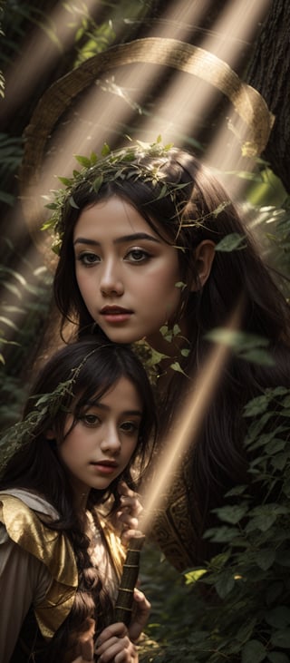 In a dappled, ancient forest ruin, an Elf Princess stands tall, her staff raised high as beams of warm sunlight filter through the trees, casting a golden halo around her regal figure. Her revealing, enchanted clothing shimmers in the soft light, while lush foliage and vines surround her, creating a lush environment. The camera captures a sharp focus on the princess's face, with the rule of thirds composition placing her at the intersection of two diagonals. Shot during the golden hour, the scene exudes an ethereal mood, inviting the viewer to step into this mystical realm., ,fantasy,better_hands,leonardo,angelawhite,Enhance