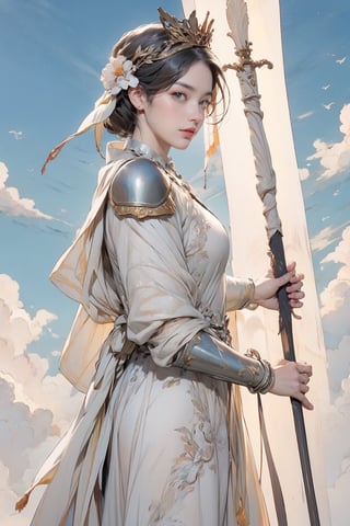 score_9, score_8_up, score_7_up,  1girl, valkyrie in gorgeous armor is holding a spear in hand, (side view, solo:1.1), standing, golden laurel wreath crown, goddess, pale skin, beautiful face, armored dress, wings, looking at viewer, cloudy sky, holy light, light from clouds, fantasy theme    expressiveh  d4rk01l 