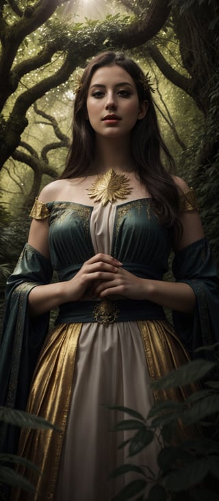 In a dappled, ancient forest ruin, an Elf Princess stands tall, her staff raised high as beams of warm sunlight filter through the trees, casting a golden halo around her regal figure. Her revealing, enchanted clothing shimmers in the soft light, while lush foliage and vines surround her, creating a lush environment. The camera captures a sharp focus on the princess's face, with the rule of thirds composition placing her at the intersection of two diagonals. Shot during the golden hour, the scene exudes an ethereal mood, inviting the viewer to step into this mystical realm., ,fantasy,better_hands,leonardo,angelawhite,Enhance,REALISTIC