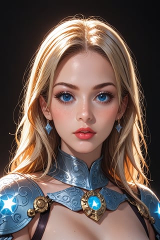glowing white runes, A beautiful woman with blonde hair and blue eyes, she's wearing glowing rune armor, portrait, glowing white runes on her face, cartoon, cartoon realistic,