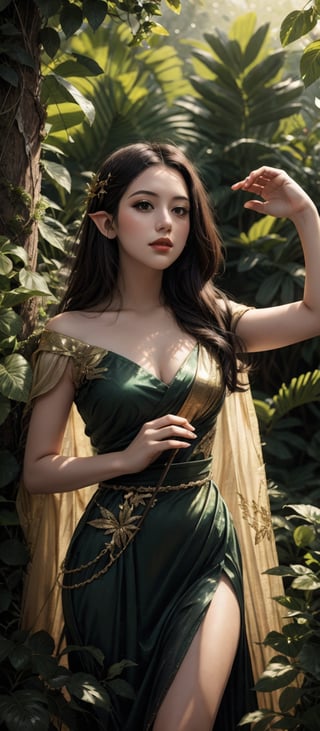 In a dappled, ancient forest ruin, an Elf Princess stands tall, her staff raised high as beams of warm sunlight filter through the trees, casting a golden halo around her regal figure. Her revealing, enchanted clothing shimmers in the soft light, while lush foliage and vines surround her, creating a lush environment. The camera captures a sharp focus on the princess's face, with the rule of thirds composition placing her at the intersection of two diagonals. Shot during the golden hour, the scene exudes an ethereal mood, inviting the viewer to step into this mystical realm., ,fantasy,better_hands,leonardo,angelawhite,Enhance