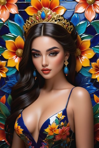 In a majestic, dark atmosphere, an exotic, voluptuous princess is depicted amidst intricate, elegant ceramic tile art featuring beautiful flowers. The smooth, sharp focus showcases the subject's refined features as she poses in front of a stunning, 8K ultra-detailed backdrop. Glowing effects enhance the ambiance, while vibrant colors pop against the rich, atmospheric background. With a deep depth of field and cinematic sensuality, this humorous illustration is a Masterpiece of concept art, blending hyperrealistic details with modelshoot style flair.,1 girl, 