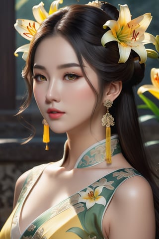 (Cinematic lighting, bloom), (outdoor), (Best Quality, Masterpiece, high resolution), (beautiful and detailed eyes), (realistic detailed skin texture), (detailed hair), (realistic light and detailed shadow), (real and delicate background), (half body), 1girl, A lady with long black hair, hair flower, earrings, chinese style Clothing, ancient cheongsam, Collarbone, Disgusted Scowl, parted lips, Transparent watercolor, ((yellow lily)), mucha art style,ancient_beautiful,better_hands