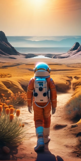 (Masterpiece), (hyper-realistic), (perfectly Detailed) image of the back of an astronout, 1girl, walking alone in an unknown and ancient landscape, full of bizzare yet fascinating flora and fauna. Even though hes alone but he still maintain his calm and keep walking forward. Artistic photography, absurdres, masterpiece 8K HDR quality image