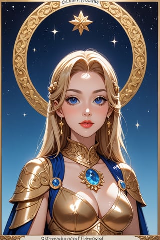 A majestic woman with golden locks and cerulean orbs sits regally, encased in radiant rune-etched armor that shimmers like the stars. Her porcelain skin glows with an ethereal aura as intricate white runes dance across her features, illuminating her striking blue eyes. Framed by a soft focus, she presents herself against a subtle gradient of misty blues and whites, her cartoonish realism imbued with a whimsical charm.