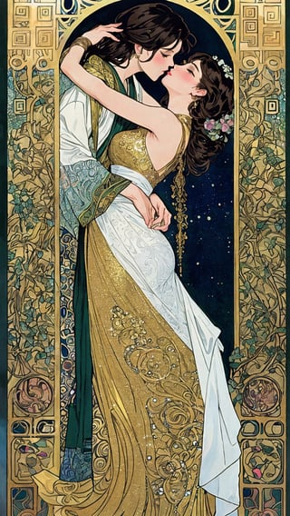high quality, 8K Ultra HD, In the spirit of Gustav Klimt, the canvas comes alive with intricate patterns, Thebeautiful woman, standing at the center, is adorned in a gown that seems to weave seamlessly with the ornate swirls and geometric shapes reminiscent of Klimt's iconic The Kiss, The embellishments dance around her figure, creating an aura of opulence, The woman's pose takes inspiration from the flowing lines and curves found in Alphonse Mucha's art nouveau masterpieces. Her silhouette echoes the sinuous elegance of Mucha's muses, with cascading hair that transforms into ethereal tendrils, adorned with delicate flowers and vines that intertwine with the golden patterns, by yukisakura, highly detailed, ,futurecamisole,naked raincoat,FilmGirl