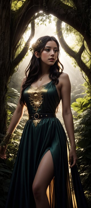 In a dappled, ancient forest ruin, an Elf Princess stands tall, her staff raised high as beams of warm sunlight filter through the trees, casting a golden halo around her regal figure. Her revealing, enchanted clothing shimmers in the soft light, while lush foliage and vines surround her, creating a lush environment. The camera captures a sharp focus on the princess's face, with the rule of thirds composition placing her at the intersection of two diagonals. Shot during the golden hour, the scene exudes an ethereal mood, inviting the viewer to step into this mystical realm., ,fantasy,better_hands,leonardo,angelawhite,Enhance