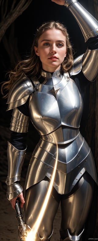 A portrait of a young beautiful joan of arc, cinematic, log hair, shiny metallic polished armor, deep intense expression, action pose, ultra realistic lighting, highly detailed, hyper realism, in focus, sharp focus, ethereal warrior, julie bell