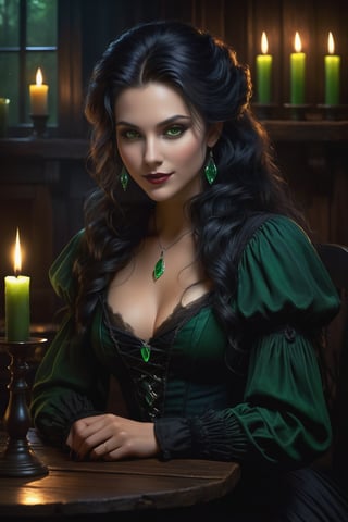 In a dimly lit, smoky tavern, a dark mysterious vampire woman sits alone at a wooden table. Her striking features are illuminated by the flickering candlelight as she gazes into the shadows, her piercing grey eyes gleaming with an otherworldly intensity. Her raven-black shirt is a stark contrast to the vibrant green hue of her wild, untamed hair, which cascades down her back like a waterfall of emeralds. Sharp fangs glint in the candlelight as she smiles to herself, lost in thought.