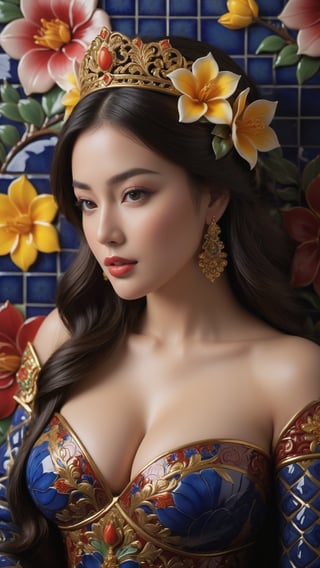 In a majestic, dark atmosphere, an exotic, voluptuous princess is depicted amidst intricate, elegant ceramic tile art featuring beautiful flowers. The smooth, sharp focus showcases the subject's refined features as she poses in front of a stunning, 8K ultra-detailed backdrop. Glowing effects enhance the ambiance, while vibrant colors pop against the rich, atmospheric background. With a deep depth of field and cinematic sensuality, this humorous illustration is a Masterpiece of concept art, blending hyperrealistic details with modelshoot style flair.