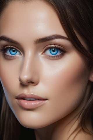 Close-up of a woman's face with only the right side illuminated. The woman has blue eyes and brown hair. The left side of her face is shrouded in darkness, with text DIGITALDREAM's vertically aligned along the center.