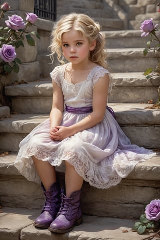 Wistful Whispers: A fantasy-colored sketch captures a beautiful little girl sitting side-on, her curly blonde locks tied in a bun, wearing a flowing white lace dress and rugged boots. She cradles a majestic purple rose, her eyes gazing wistfully into the distance. The scene unfolds on stone steps, framed by an ornate black railing that creates a stunning bokeh effect.