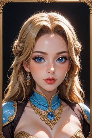 A majestic woman with golden locks and cerulean orbs sits regally, encased in radiant rune-etched armor that shimmers like the stars. Her porcelain skin glows with an ethereal aura as intricate white runes dance across her features, illuminating her striking blue eyes. Framed by a soft focus, she presents herself against a subtle gradient of misty blues and whites, her cartoonish realism imbued with a whimsical charm.