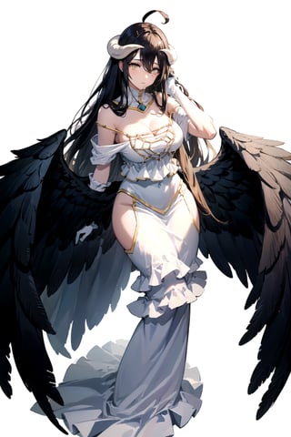 //Quality,
masterpiece, best quality
,//Character,
1girl, solo
,//Fashion,
,//Background,
white_background
,//Others,
,al1, demon horns, white gloves, white dress, bare shoulders, detached collar, cleavage, slit pupils, black wings, feathered wings, low wings,white dress,detached collar, full_body