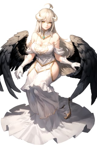 //Quality,
masterpiece, best quality
,//Character,
1girl, solo
,//Fashion,
,//Background,
white_background
,//Others,
,al1, demon horns, white gloves, white dress, bare shoulders, detached collar, cleavage, slit pupils, black wings, feathered wings, low wings,white dress,detached collar, full_body,portrait,nodf_lora