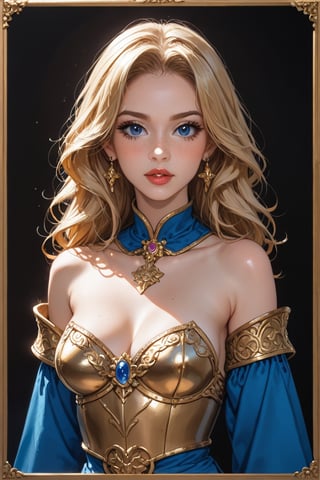 A majestic woman with golden locks and cerulean orbs sits regally, encased in radiant rune-etched armor that shimmers like the stars. Her porcelain skin glows with an ethereal aura as intricate white runes dance across her features, illuminating her striking blue eyes. Framed by a soft focus, she presents herself against a subtle gradient of misty blues and whites, her cartoonish realism imbued with a whimsical charm.