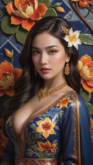 In a majestic, dark atmosphere, an exotic, voluptuous princess is depicted amidst intricate, elegant ceramic tile art featuring beautiful flowers. The smooth, sharp focus showcases the subject's refined features as she poses in front of a stunning, 8K ultra-detailed backdrop. Glowing effects enhance the ambiance, while vibrant colors pop against the rich, atmospheric background. With a deep depth of field and cinematic sensuality, this humorous illustration is a Masterpiece of concept art, blending hyperrealistic details with modelshoot style flair.