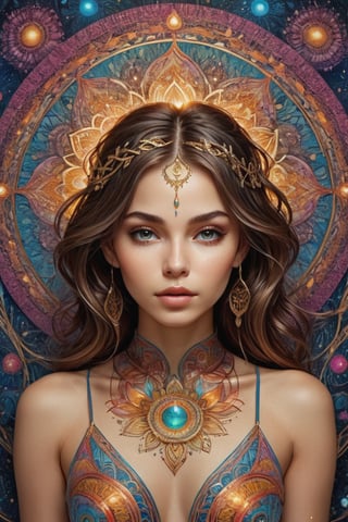 In a stunning unity 8k wallpaper, a single girl poses amidst an intricate zentangle-inspired mandala, entwined with holy light and gold foil. Her features are rendered in extreme detail, with vibrant colors and textures that seem to shimmer like glitter. The psychedelic patterns surrounding her evoke ethereal tapestries, transporting the viewer to a realm of PerfectNwsjMajicPerfectNwsjMajmagic.