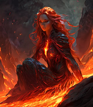 a hyperrealistic digital painting, a vengeful lava monster goddess, hunched over and turning to face us, long flowing glowing lava hair, lava rock body with fiery cracks, wreathed in flame, inspired by mtg artists and charlie bowater and da vinci, detailed backgrounds, 4d, smooth and crisp, atmospheric perspective, horror fantasy || a woman sitting on top of a rock covered in lava, dramatic digital art, woman crying, diffuse, soulslike, avatar image, there is a glow coming from her, nether, smoky lighting, dark soul, transforming