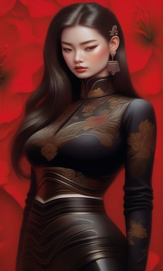 In a serene outdoor setting, a stunning lady with long black hair and a hair flower adorns her locks. Her delicate features are framed by ancient Chinese cheongsam clothing, adorned with intricate collarbone details and a subtle scowl. Her eyes, like two shimmering jewels, hold a mixture of disdain and sorrow. The realistic skin texture and detailed hair blend seamlessly into the soft focus background, where a transparent watercolor effect is achieved through the incorporation of a ((yellow lily)). The overall aesthetic is reminiscent of Mucha's art style, with an air of mystique and beauty that transports the viewer to ancient times.