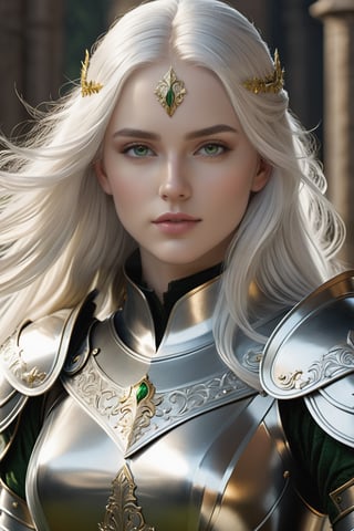 Female knight, long white hair, pale skin, green eyes, symmetrical features, thin features, narrow features, angelic features, finely detailed armor, light silver armor, gold elements, highest quality, ultra detailed, intricate design, long sword, 8k, ultra realistic, photorealistic, full body, photography lighting, reflection mapping, cinematic, depth of field, dramatic light, real shadow, movie quality rendering, vfx post production, soft illumination, rtx tracing lighting --ar 9:16
