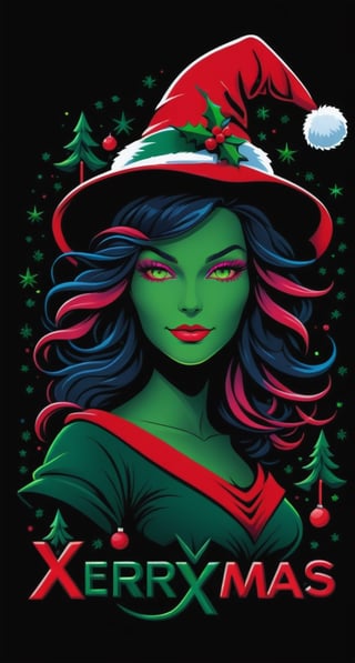 Typographic art featuring & perfect text "X-mas". Stylized, intricate, detailed, artistic, text-based.,tshirt design,Leonardo Style, illustration,neon style, vector image, vivid colors, christmas witch lady, christmas colors, festive colors, vivid,