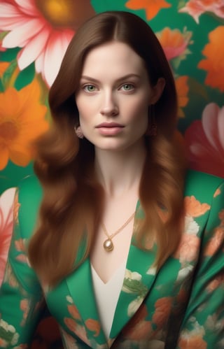 realistic, complex and extremely specific photo of a white woman (pale: 1.5) in her 30s, wearing a couture blazer and a maxi earring, extremely beautiful with brown hair (caramel highlights), long hair, (straight: 1.5) fluttering and impressive,
In one with floral wallpaper, full of vivid colors (green, pink, orange, caramel) studio photography, (indoor environment) contrasting colors, 32k resolution, best quality, volumetric lighting, intricate details, focus on the face, very high saturation , centralized.