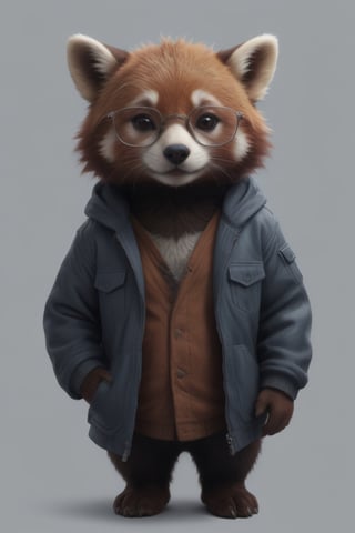 A red panda wearing glasses and a jacket stands in front of a white background. The panda has a curious expression on its face, as if it is trying to figure out what is going on. The panda's fur is soft and fluffy, and its eyes are bright and intelligent.,<lora:659095807385103906:1.0>