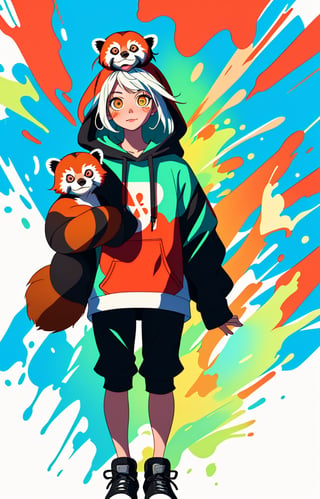 A red panda wearing a black hoodie with a white logo on the front, and black sneakers with white laces. The red panda is standing in front of a colorful spray paint background. The background is made up of a variety of colors, including red, blue, green, yellow, and orange. The spray paint is splattered and drippy, creating a dynamic and abstract effect. The red panda is looking directly at the viewer, with a curious and playful expression on its face., High detailed, fell job