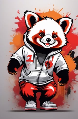 A red panda with a mischievous grin and confident stance, clad in a crisp white hoodie adorned with a vibrant red logo, reminiscent of the bold graffiti art that defined the 90s and early 2000s hip hop/skateboard culture. Its nimble paws grasp an array of spray cans, their metallic surfaces gleaming under the radiant glow of a city streetlamp, each nozzle eagerly poised to unleash a symphony of creative expression.